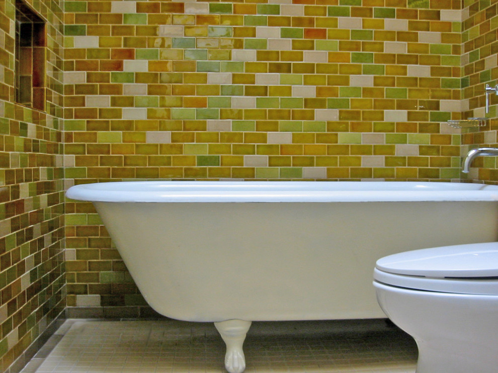 Small eclectic multicolored tile and ceramic tile ceramic tile bathroom photo in San Francisco with a two-piece toilet