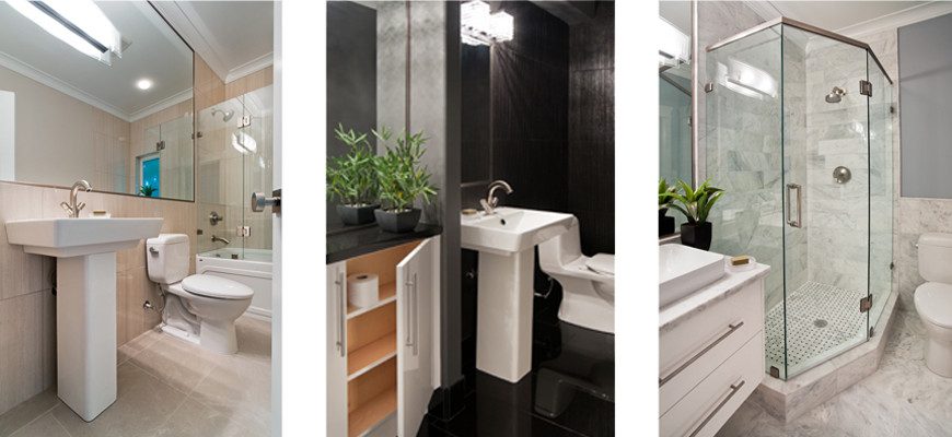 Photo of a large contemporary bathroom in Vancouver with a pedestal sink, flat-panel cabinets, white cabinets, marble worktops, a walk-in shower, a one-piece toilet, beige tiles, porcelain tiles, beige walls and marble flooring.