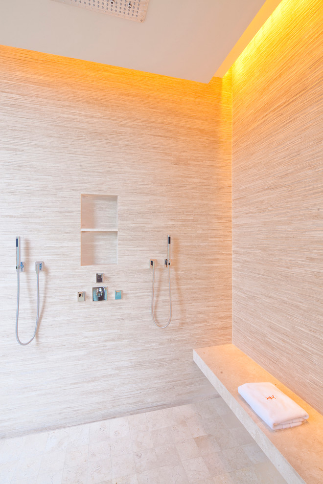This is an example of a contemporary bathroom in Other with a double shower.