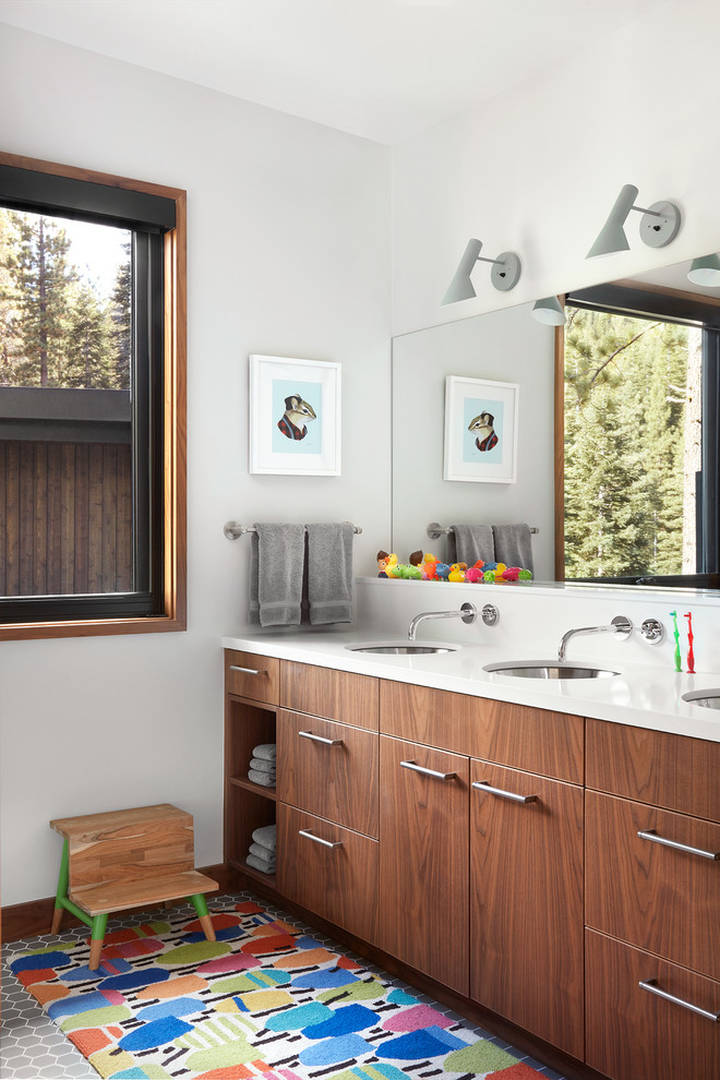 Design ideas for an expansive contemporary family bathroom in San Francisco with flat-panel cabinets, dark wood cabinets, white walls, porcelain flooring, a submerged sink, engineered stone worktops and grey floors.