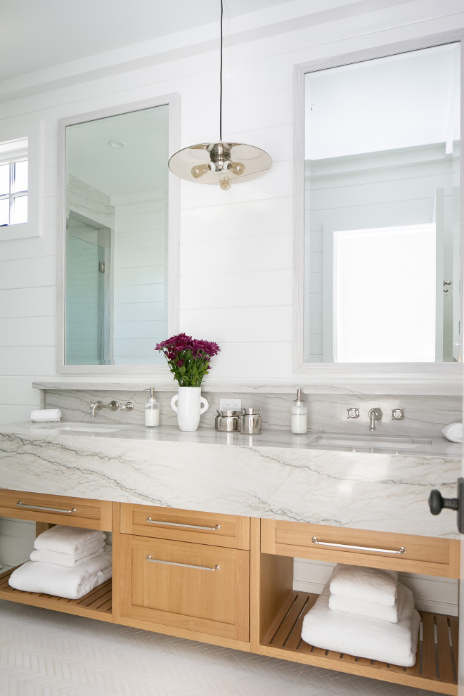 Inspiration for a country bathroom in Orange County with shaker cabinets, medium wood cabinets, white walls, mosaic tile flooring, a submerged sink, white floors, grey worktops, double sinks, a built in vanity unit and tongue and groove walls.