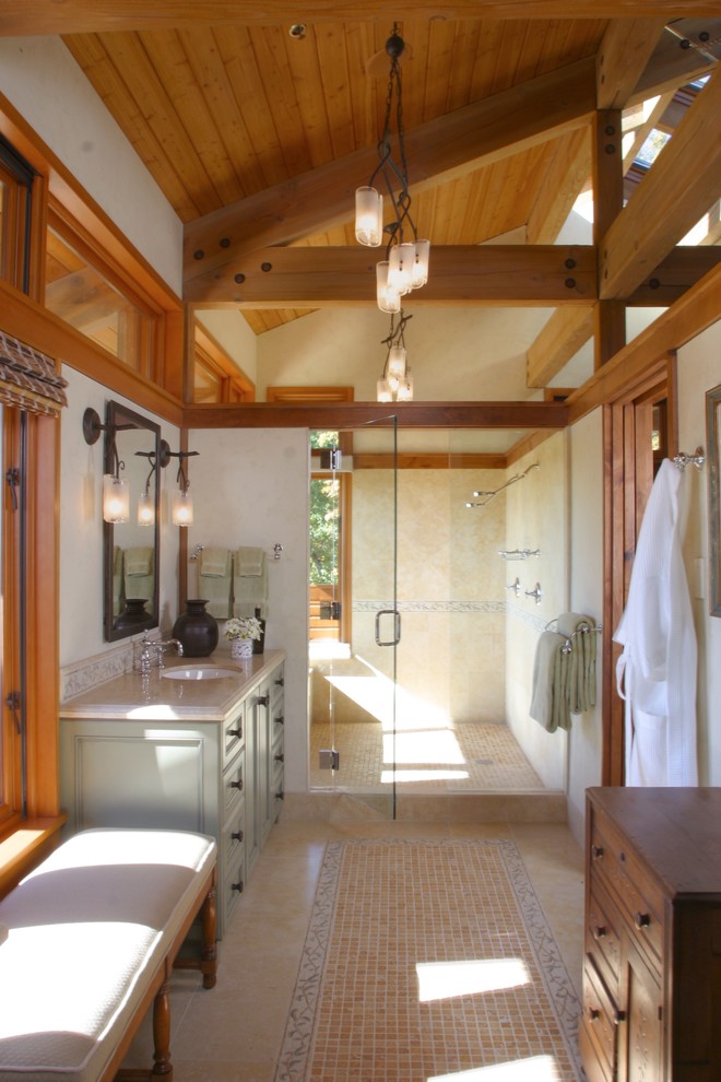 Mid-sized minimalist master beige tile and porcelain tile ceramic tile and beige floor doorless shower photo in Portland with an undermount sink, recessed-panel cabinets, light wood cabinets, marble countertops, a one-piece toilet, white walls and a hinged shower door