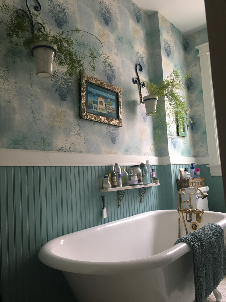 Bathroom - small victorian 3/4 porcelain tile, white floor, single-sink and wallpaper bathroom idea in Denver with shaker cabinets, white cabinets, green walls, an undermount sink, marble countertops, white countertops and a freestanding vanity