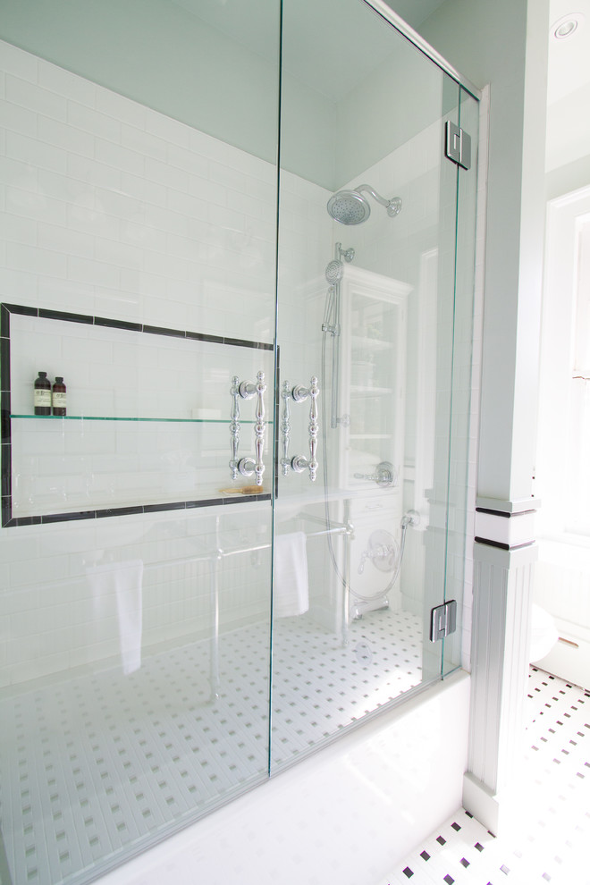 Small classic family bathroom in Other with a console sink, beaded cabinets, white cabinets, engineered stone worktops, a built-in bath, a shower/bath combination, a two-piece toilet, white tiles, ceramic tiles, green walls and mosaic tile flooring.
