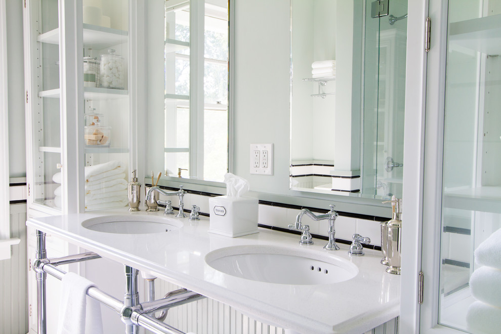 Inspiration for a small transitional kids' white tile and ceramic tile mosaic tile floor bathroom remodel in Other with a console sink, beaded inset cabinets, white cabinets, quartz countertops, a two-piece toilet and green walls