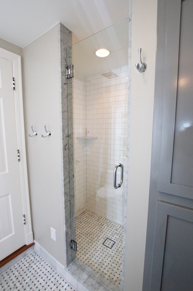 Small victorian shower room bathroom in Other with a submerged sink, shaker cabinets, grey cabinets, marble worktops, an alcove shower, a one-piece toilet, white tiles, metro tiles, grey walls and mosaic tile flooring.
