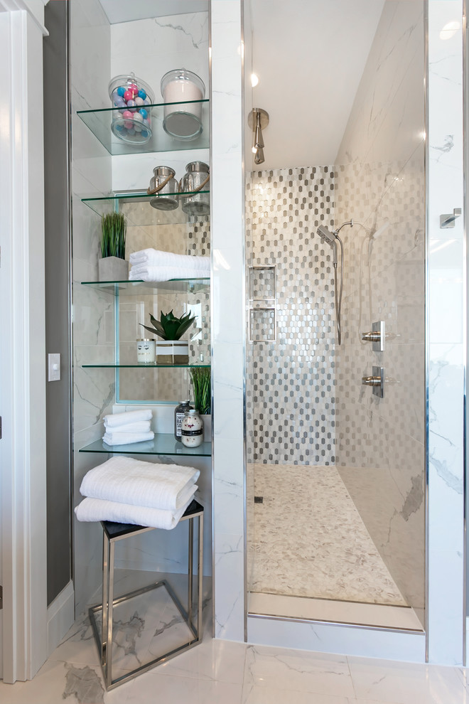 This is an example of a large contemporary ensuite bathroom in Seattle with shaker cabinets, black cabinets, a freestanding bath, a walk-in shower, a two-piece toilet, multi-coloured tiles, glass tiles, marble flooring, a submerged sink, engineered stone worktops, white floors, an open shower and grey walls.