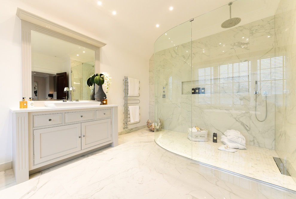 Design ideas for a large contemporary ensuite bathroom in London with white tiles, porcelain tiles, brown walls, porcelain flooring and white floors.