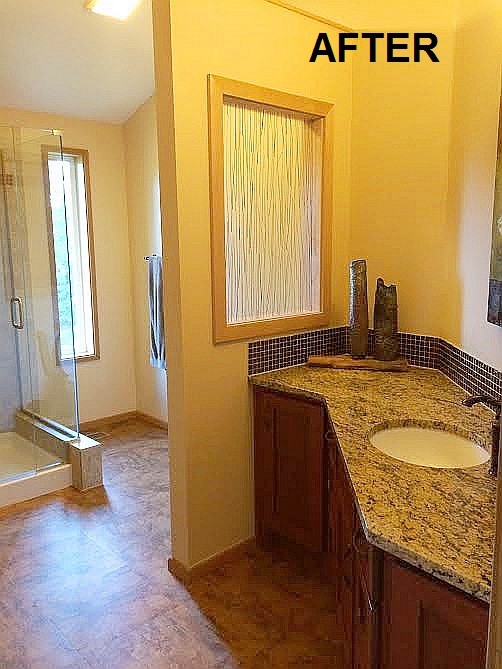 Idéer för att renovera ett mellanstort vintage badrum, med skåp i shakerstil, skåp i mörkt trä, en dusch i en alkov, flerfärgad kakel, glaskakel, gula väggar, ett undermonterad handfat och granitbänkskiva