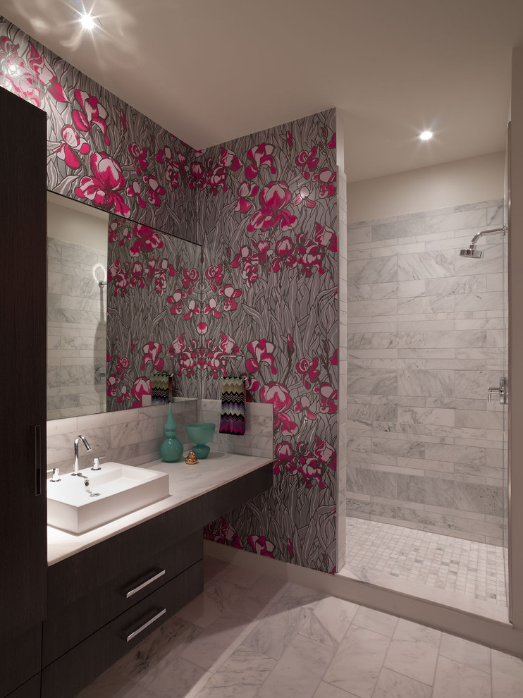 Example of a trendy bathroom design in Austin with a vessel sink and multicolored walls