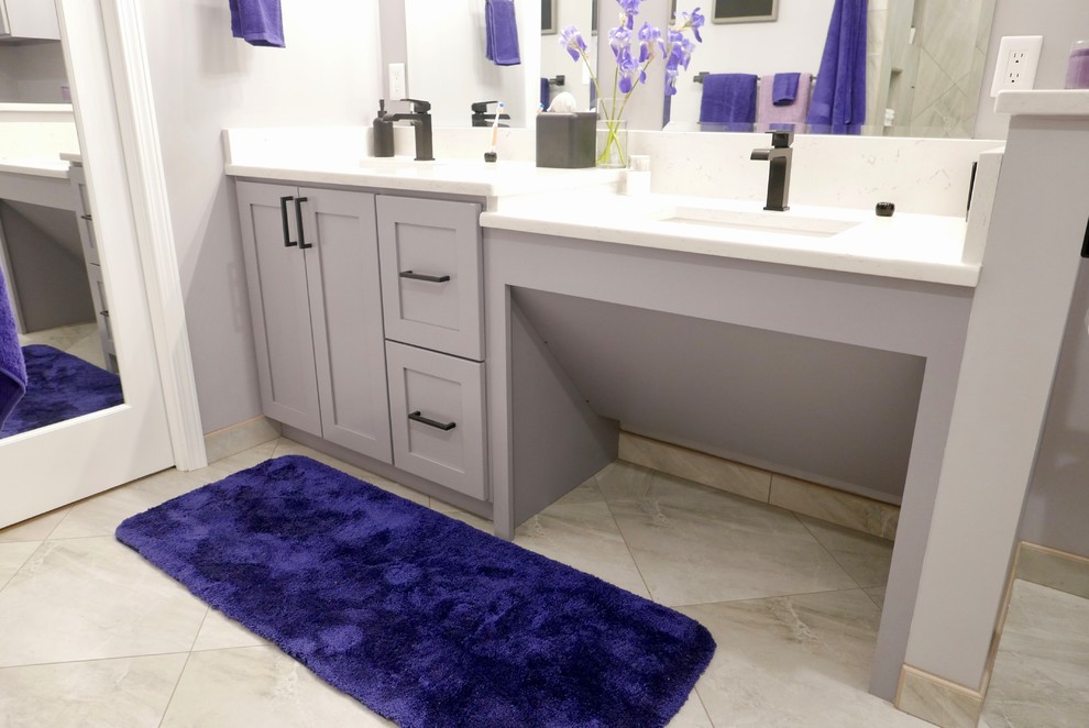 Inspiration for a medium sized world-inspired ensuite bathroom in Other with shaker cabinets, grey cabinets, a built-in shower, a bidet, grey tiles, porcelain tiles, grey walls, porcelain flooring, a submerged sink, engineered stone worktops, grey floors, an open shower and white worktops.