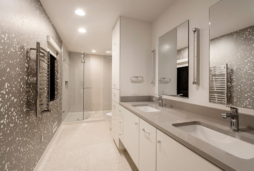 Design ideas for a retro ensuite bathroom in Dallas with flat-panel cabinets, white cabinets, an alcove shower, white tiles, white walls, a submerged sink, white floors and a hinged door.
