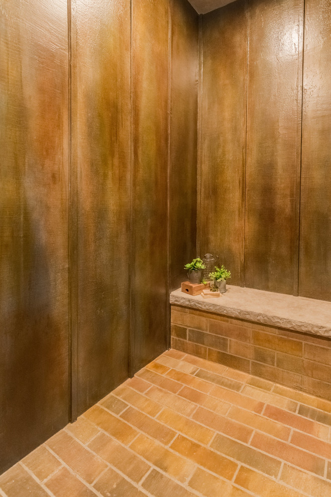 Mid-sized urban master brown tile and cement tile concrete floor and multicolored floor wet room photo in Other with brown walls