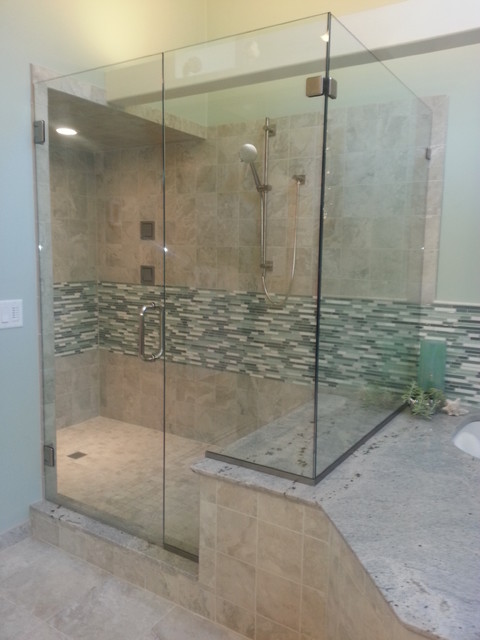 Walk-In Shower with Glass Doors and Mosaic Tile Walls - Transitional ...