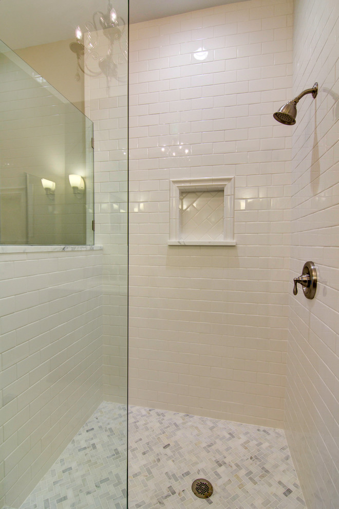 Walk in SHower with Niche and Frameless Glass Traditional Bathroom