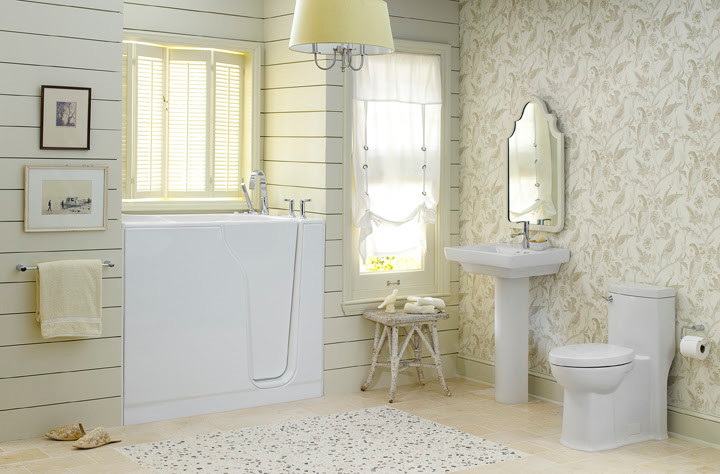 Photo of a large traditional ensuite bathroom in Boston with an alcove bath, a shower/bath combination, a hinged door, a one-piece toilet, multi-coloured walls, ceramic flooring, a pedestal sink and beige floors.