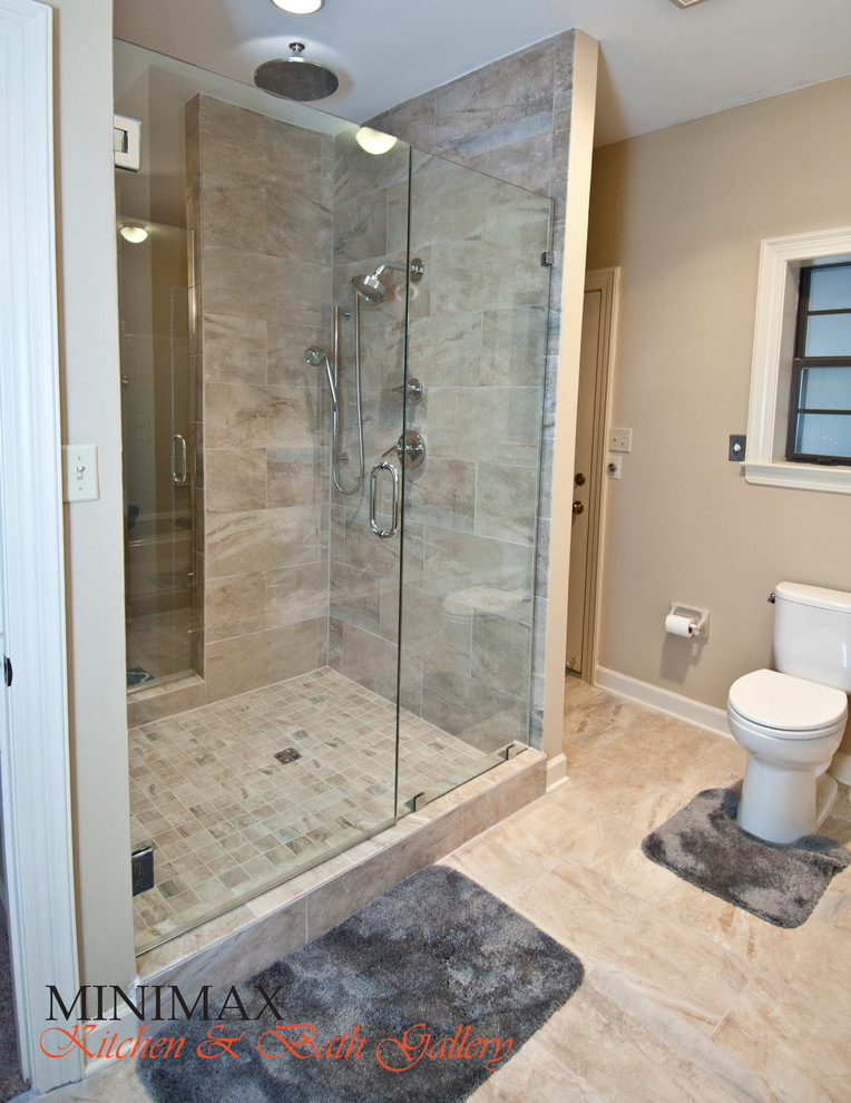 Large elegant master beige tile and porcelain tile porcelain tile double shower photo in Other with shaker cabinets, medium tone wood cabinets, a two-piece toilet, beige walls and an integrated sink