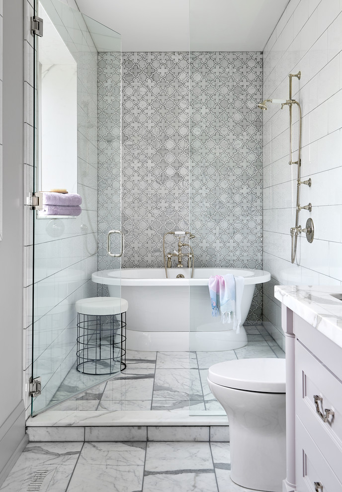 Bathroom - transitional gray tile, white tile and mosaic tile white floor bathroom idea in Toronto with recessed-panel cabinets, purple cabinets, gray walls, an undermount sink, a hinged shower door and white countertops