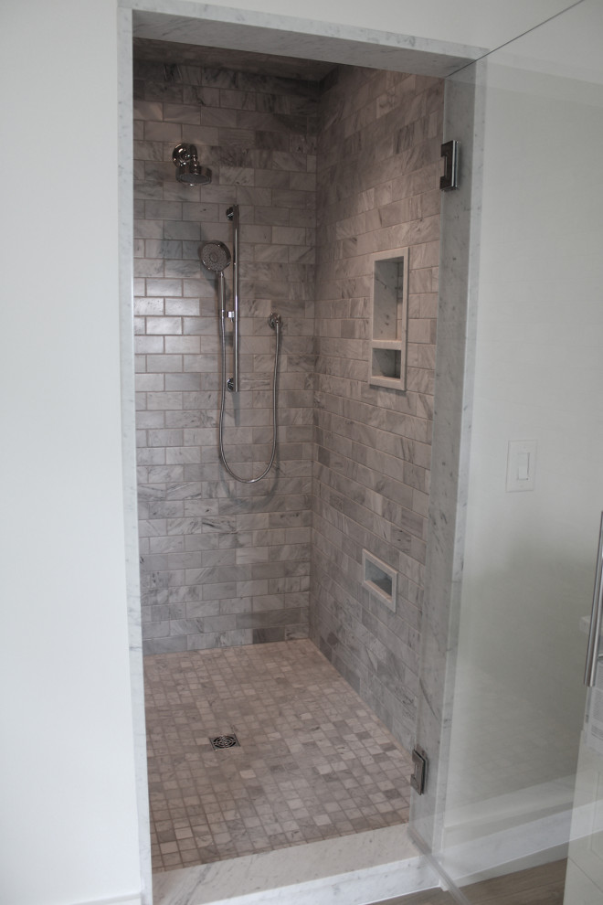 Walker Zanger Rue Pierre Gris Tiled Shower with Bianco Gioia Floor Tile by Topcu Salle de Bain