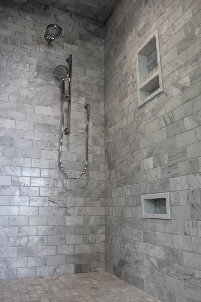 Walker Zanger Rue Pierre Gris Tiled Shower with Bianco Gioia Floor Tile by Topcu Bathroom