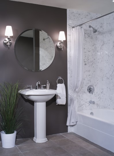 Bathroom - mid-sized transitional master gray tile, white tile and marble tile ceramic tile and gray floor bathroom idea in San Francisco with gray walls and a pedestal sink