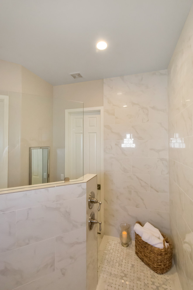 Design ideas for a large traditional ensuite bathroom in Phoenix with white tiles, engineered stone worktops, an open shower, raised-panel cabinets, grey cabinets, a walk-in shower, marble tiles, white walls, marble flooring, a submerged sink and white floors.