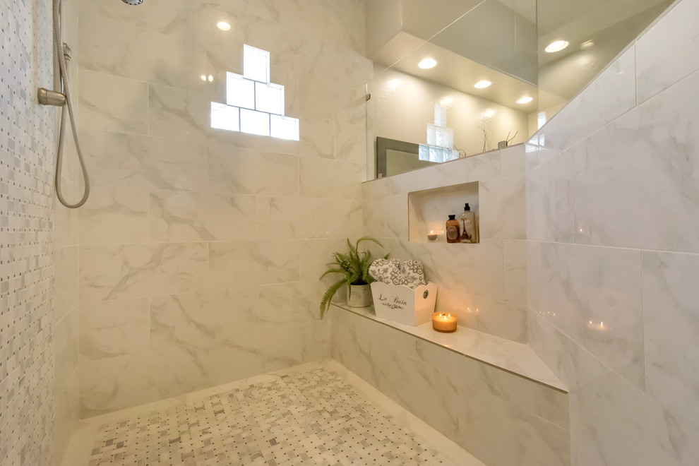 Example of a large transitional master white tile and marble tile marble floor and white floor bathroom design in Phoenix with quartz countertops, raised-panel cabinets, gray cabinets, white walls and an undermount sink