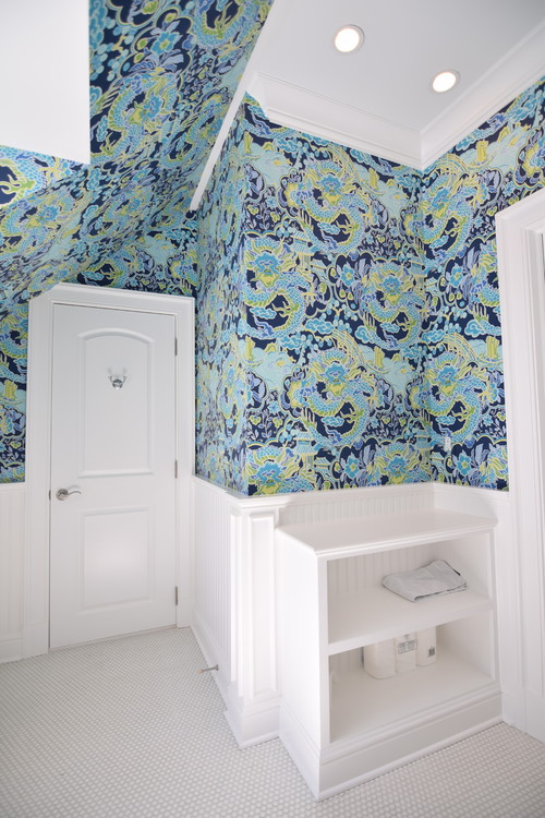 Vivid Elegance: Colorful Wallpaper Ideas in a White Transitional Bathroom