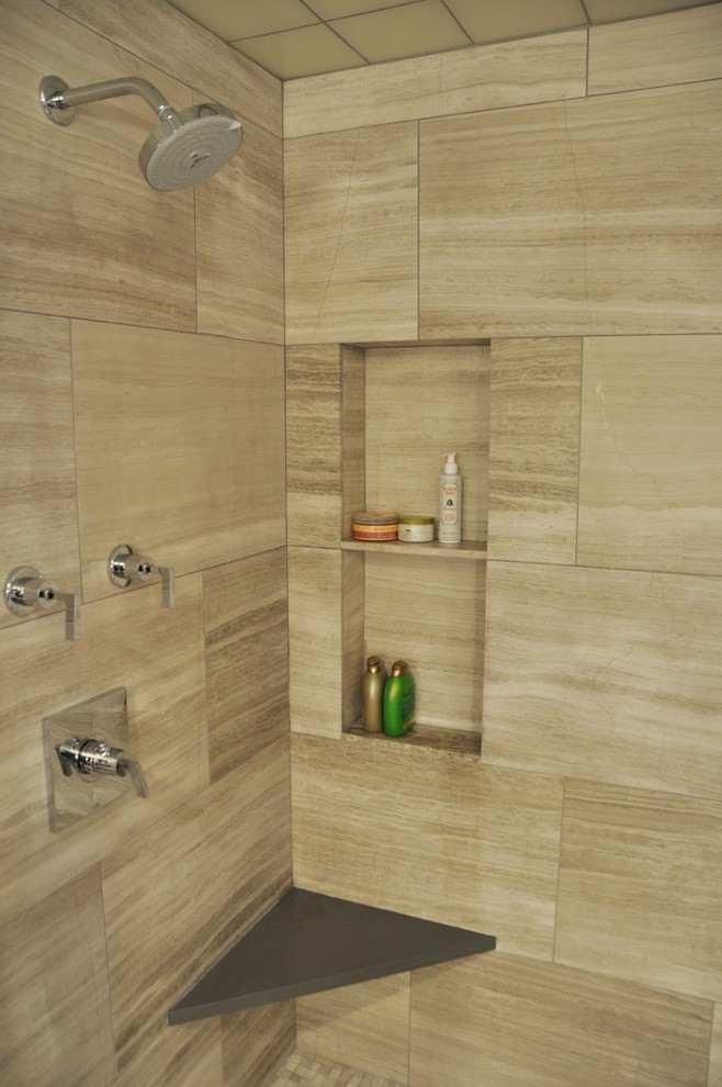 Alcove shower - large transitional master gray tile and porcelain tile porcelain tile alcove shower idea in Boston with a vessel sink, flat-panel cabinets, dark wood cabinets, solid surface countertops, an undermount tub and purple walls