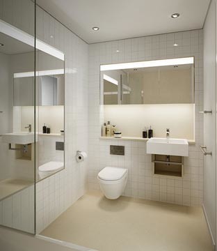 Inspiration for a medium sized modern family bathroom in London with open cabinets, white cabinets, a built-in bath, a corner shower, a wall mounted toilet, white tiles, ceramic tiles, white walls, cement flooring, a built-in sink, marble worktops, white floors and a hinged door.