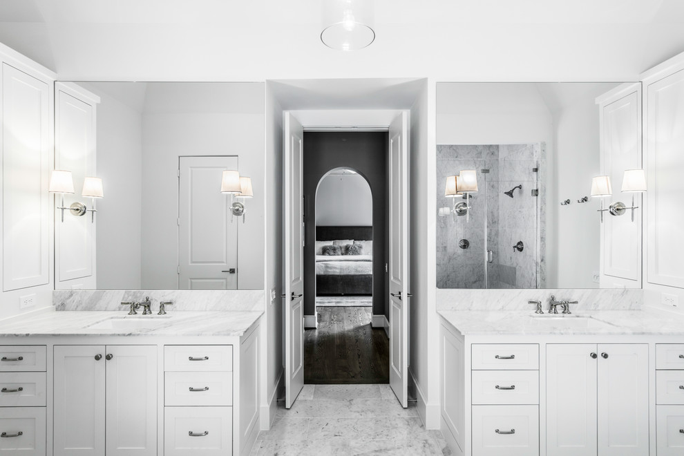 Large tuscan 3/4 white tile and ceramic tile light wood floor and beige floor bathroom photo in Houston with open cabinets, dark wood cabinets, a one-piece toilet, gray walls, a drop-in sink and concrete countertops