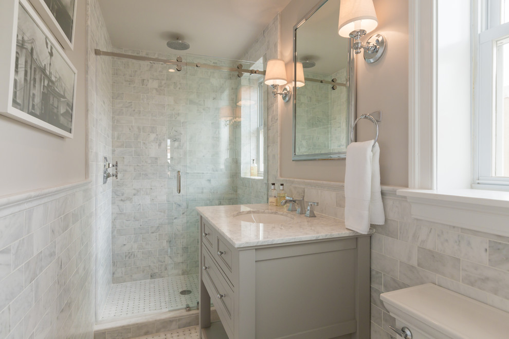 Inspiration for a small traditional ensuite bathroom in Dallas with a submerged sink, grey cabinets, marble worktops, an alcove shower, green tiles, white tiles, metro tiles, beige walls, mosaic tile flooring and beaded cabinets.