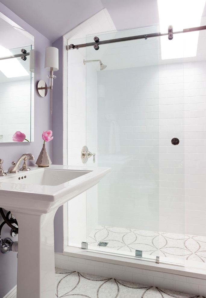 This is an example of a medium sized traditional shower room bathroom in DC Metro with a walk-in shower, white tiles, purple walls and mosaic tile flooring.
