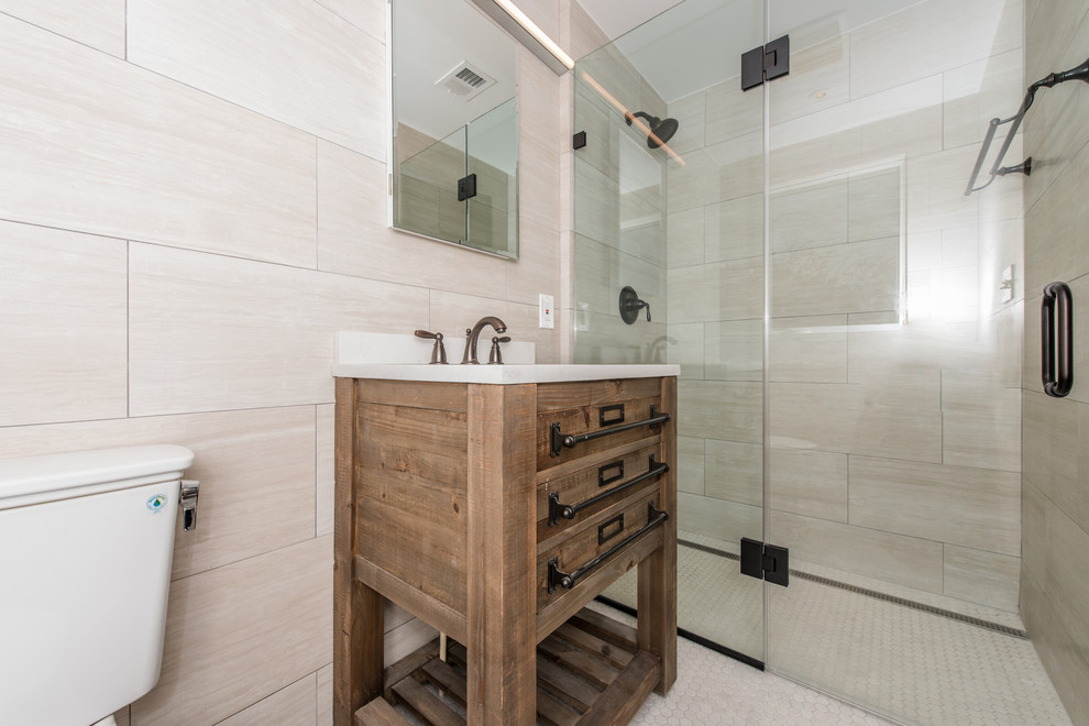 Inspiration for a small modern 3/4 beige tile and ceramic tile ceramic tile alcove shower remodel in DC Metro with furniture-like cabinets, medium tone wood cabinets, a two-piece toilet, beige walls, quartzite countertops and an undermount sink