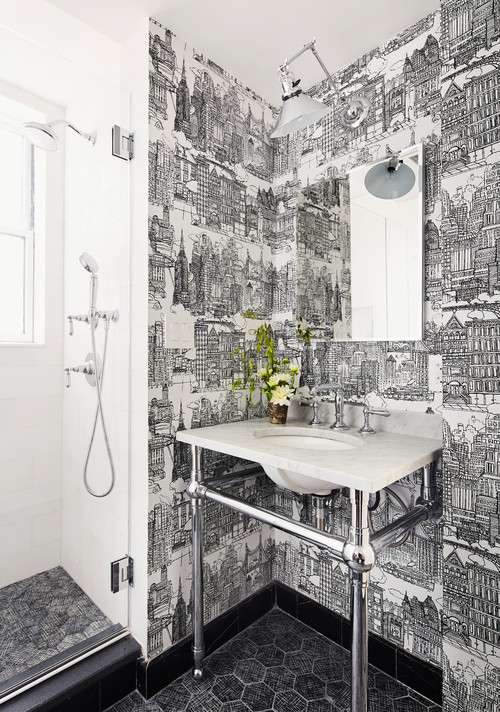 Eclectic Whimsy: Vintage Sink and Black Hex Tile Floor - Bathroom Wallpaper Ideas
