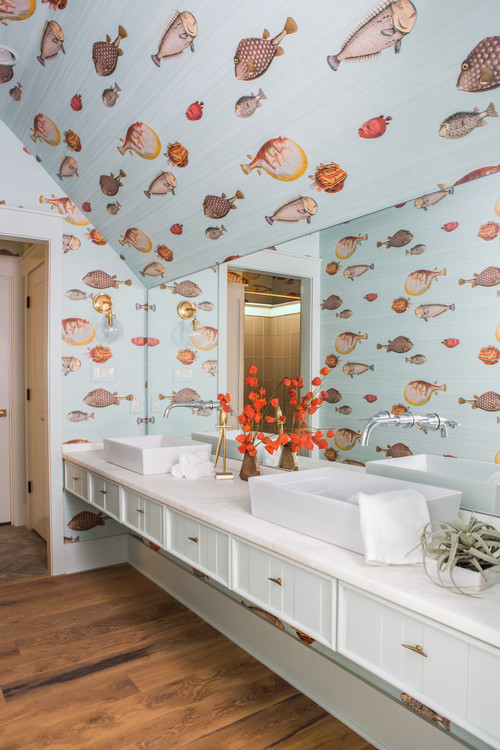Oceanic Retreat: Boys Bathroom Ideas with Fish Patterned Wallpaper and Floating Vanity