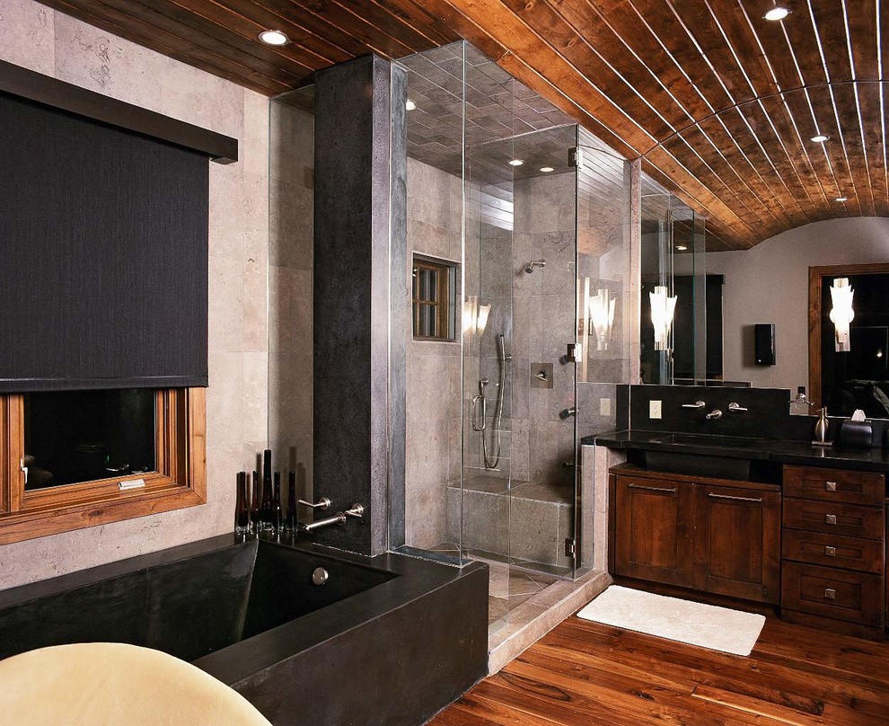 Bathroom - mid-sized contemporary master dark wood floor bathroom idea in Denver with recessed-panel cabinets, dark wood cabinets and beige walls