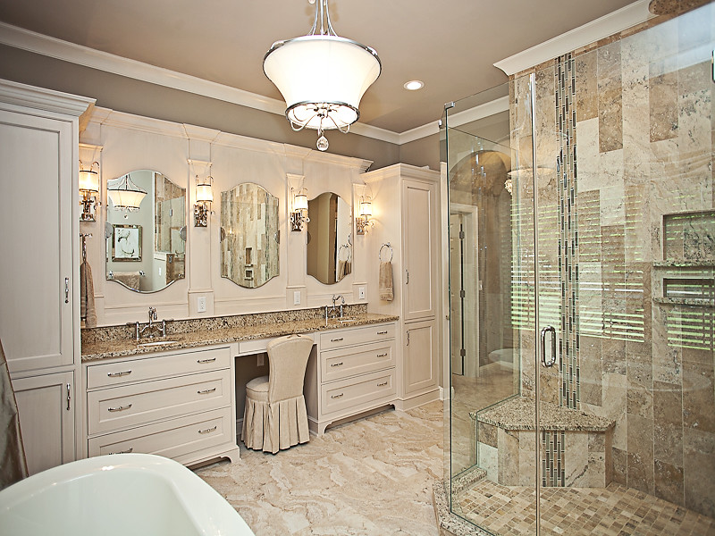 Photo of a medium sized classic ensuite bathroom in New York with recessed-panel cabinets, white cabinets, a freestanding bath, a corner shower, beige walls, ceramic flooring, a submerged sink, granite worktops, beige floors and a hinged door.