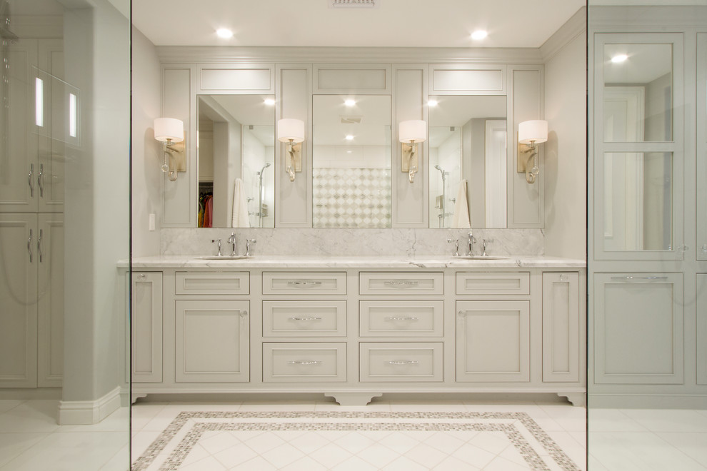 Design ideas for a classic ensuite bathroom in Phoenix with shaker cabinets, grey cabinets, a double shower, a one-piece toilet, white tiles, mosaic tiles, grey walls, marble flooring, a submerged sink and marble worktops.