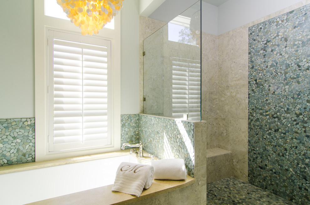 Design ideas for a medium sized beach style ensuite bathroom in Miami with shaker cabinets, white cabinets, a submerged bath, beige tiles, stone tiles, green walls, a submerged sink and terrazzo worktops.