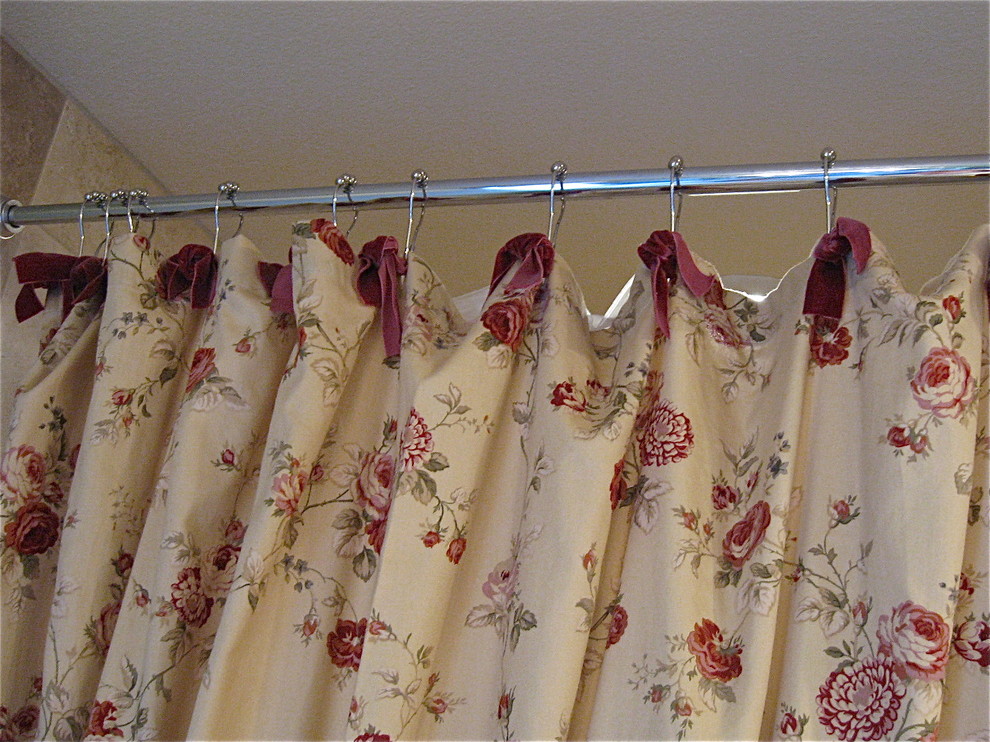 Waverly Fabric Shower Curtain w/Red Velvet Ribbon Ties Traditional Bathroom Portland by