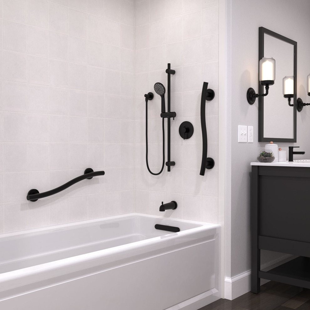 Свежая идея для дизайна: ванная комната среднего размера в стиле модернизм с ванной в нише, душем в нише, серой плиткой, темным паркетным полом, керамической плиткой и монолитной раковиной - отличное фото интерьера