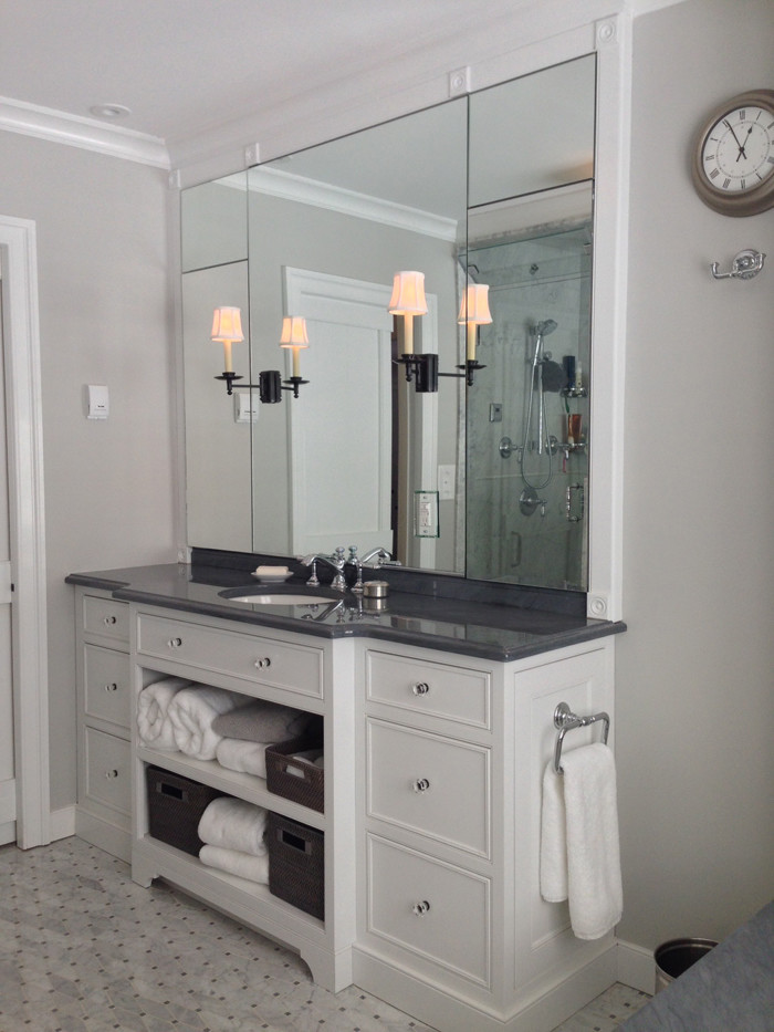 Bathroom - mid-sized traditional master gray tile and marble tile mosaic tile floor and gray floor bathroom idea in Philadelphia with raised-panel cabinets, white cabinets, gray walls, an undermount sink, marble countertops and gray countertops