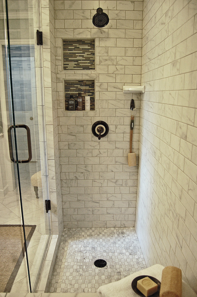 Alcove shower - mid-sized eclectic master gray tile and porcelain tile porcelain tile alcove shower idea in Other with an undermount sink, shaker cabinets, white cabinets, granite countertops, a two-piece toilet and blue walls