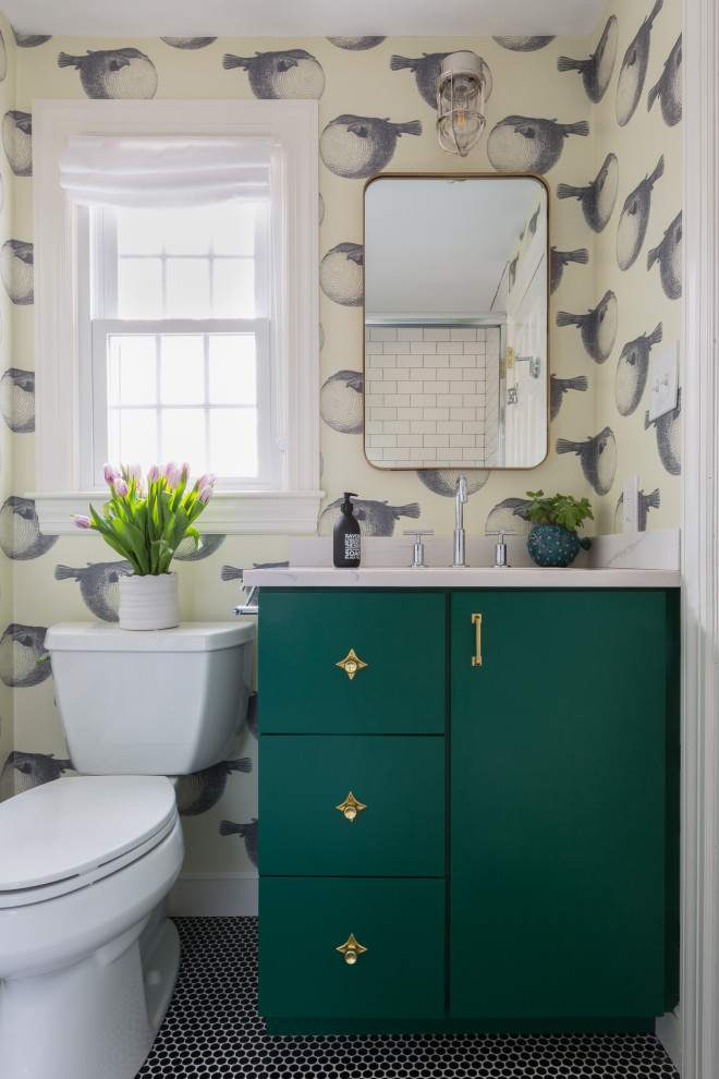 Beach style 3/4 subway tile mosaic tile floor, black floor, single-sink and wallpaper bathroom photo in Boston with flat-panel cabinets, green cabinets, a two-piece toilet, multicolored walls, an undermount sink, quartz countertops, multicolored countertops and a built-in vanity