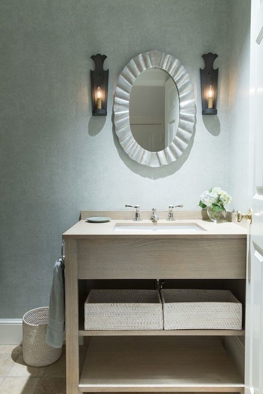 Inspiration for a small transitional 3/4 beige tile and stone tile limestone floor bathroom remodel in Boston with furniture-like cabinets, light wood cabinets, wood countertops, blue walls and an undermount sink