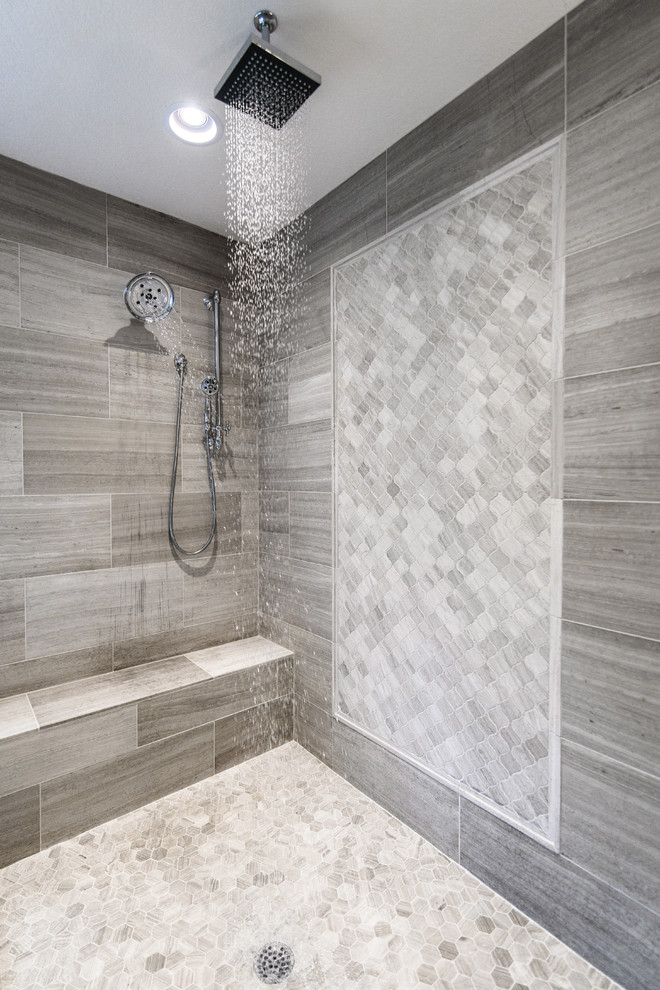 Design ideas for a large classic ensuite bathroom in Portland with shaker cabinets, dark wood cabinets, a freestanding bath, a corner shower, beige tiles, brown tiles, grey tiles, beige walls, ceramic flooring and a submerged sink.