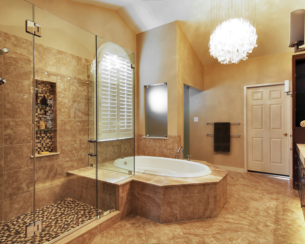 Bathroom - large contemporary master black tile, white tile, brown tile and mosaic tile porcelain tile and brown floor bathroom idea in Austin with yellow walls, flat-panel cabinets, dark wood cabinets, marble countertops, a hinged shower door and an undermount sink