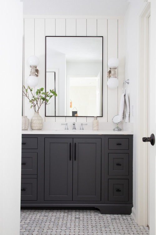 Dark Gray Allure: Shaker Vanity with White Countertop and Marble Floor Bathroom Mirror Inspirations