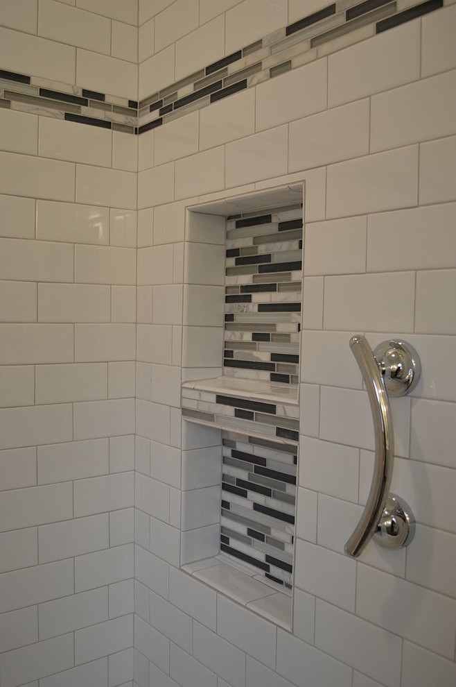 Bathroom - mid-sized white tile and ceramic tile bathroom idea in Richmond with a drop-in sink, white cabinets, granite countertops, a two-piece toilet and green walls